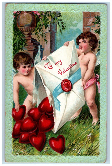 1910 Valentine Cupid Angel Dumping Hearts Embossed Guttenberg Iowa IA Postcard