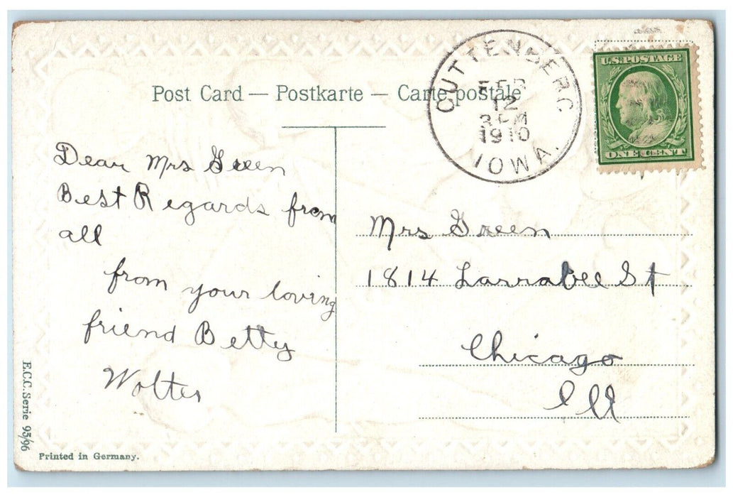 1910 Valentine Cupid Angel Dumping Hearts Embossed Guttenberg Iowa IA Postcard
