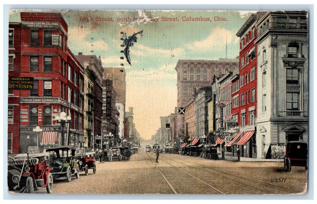 1914 High Street Gay Street Streetcar Trolley Buildings Columbus Ohio Postcard