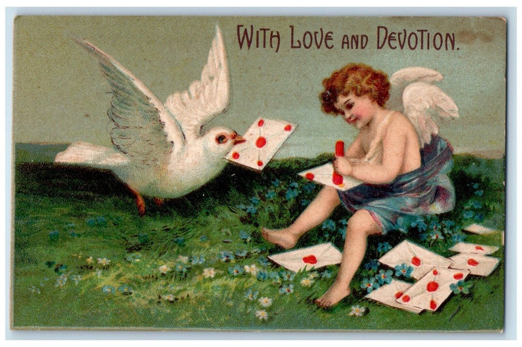 c1910's Valentine Angel Stamping Letters Dove Embossed Posted Antique Postcard