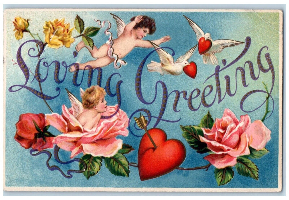 1909 Valentine Loving Greetings Cupid Arrow Heart Flowers Fostoria OH Postcard