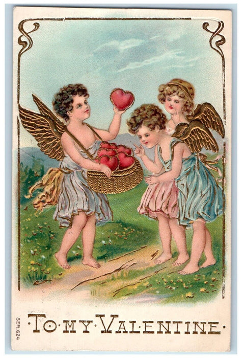 1909 Valentine Angels Collecting Hearts In Basket Chicago IL Embossed Postcard
