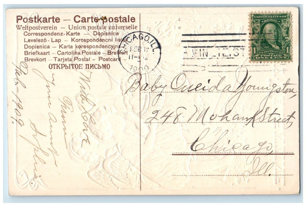 1909 Valentine Angels Collecting Hearts In Basket Chicago IL Embossed Postcard