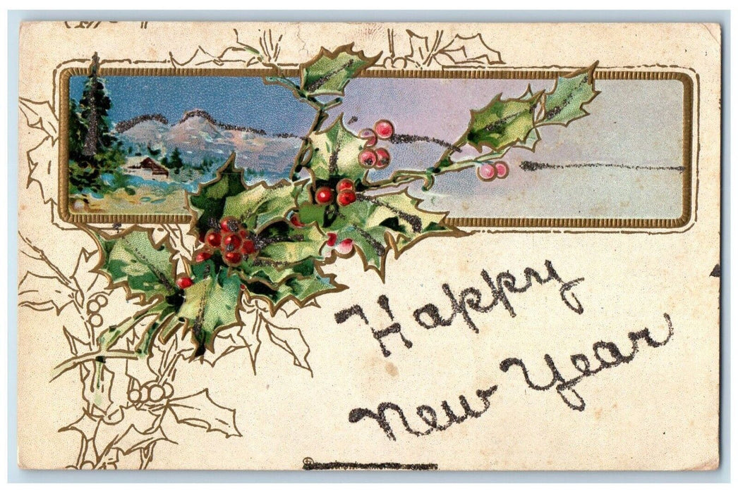 1908 Happy New Year Holly Berries Glitter Embossed Hope Valley RI Postcard