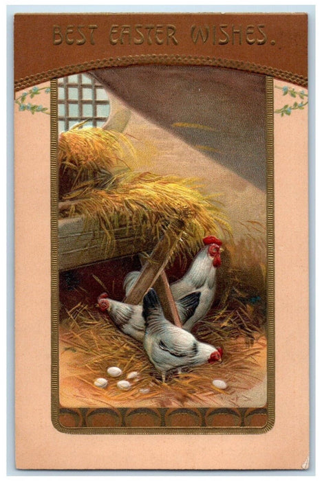 1909 Easter Wishes Chicken Hen Lays Eggs Embossed Warsaw Indiana IN Postcard