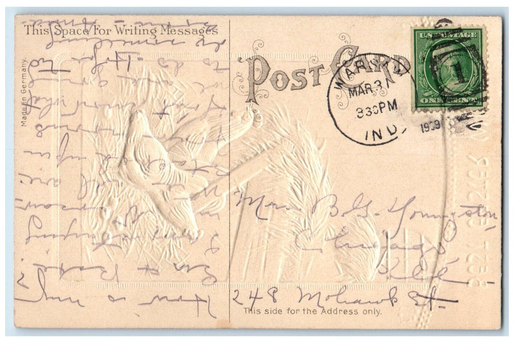 1909 Easter Wishes Chicken Hen Lays Eggs Embossed Warsaw Indiana IN Postcard
