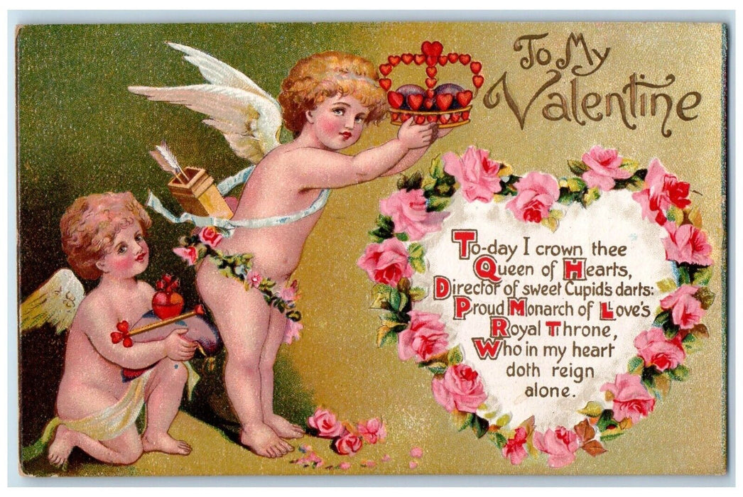 c1910's Valentine Cupid Angel Bare Butt Heart Flowers Embossed Antique Postcard