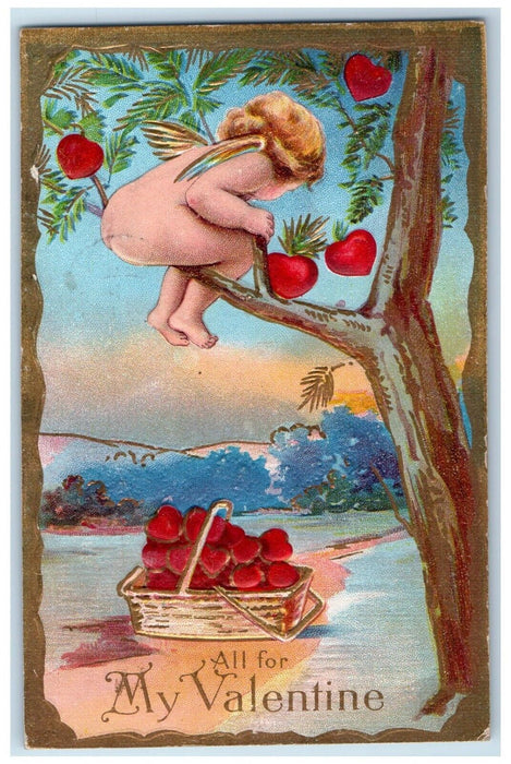 1910 Valentine Cupid Angel On Top Of Tree Harvesting Heart Embossed Postcard