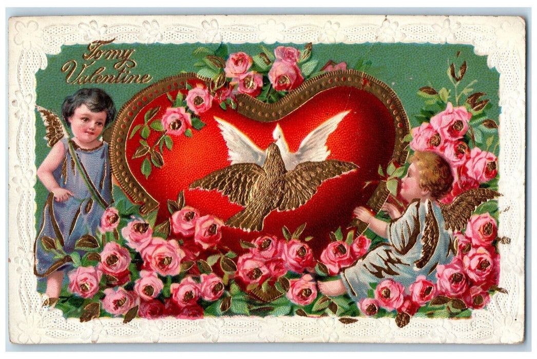 1910 Valentine Angels Giant Heart Roses Flowers Dove Embossed Antique Postcard