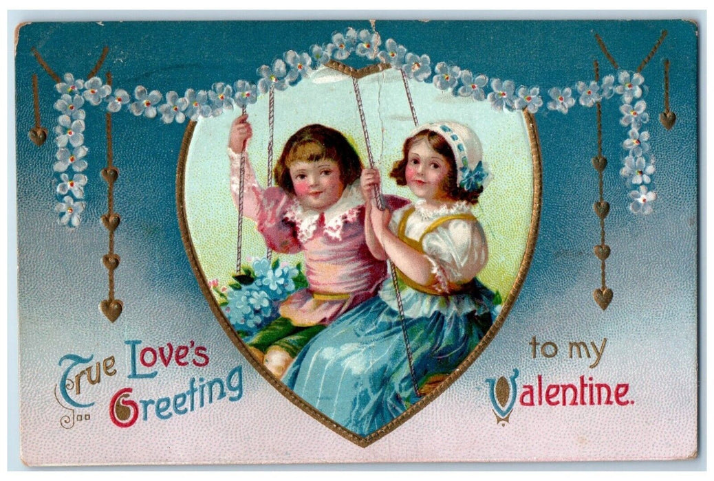 1910 Valentine Love Greetings Children Swing Flowers Embossed Antique Postcard