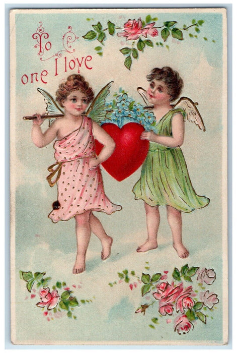 1909 Valentine Angels Carrying Big Heart Flowers Embossed Antique Postcard