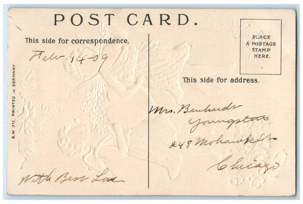1909 Valentine Angels Carrying Big Heart Flowers Embossed Antique Postcard