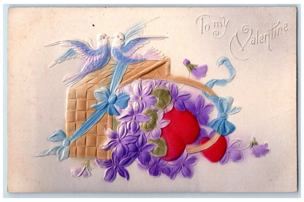 c1910's Valentine Dove Flowers And Hearts In Basket Airbrushed Embossed Postcard