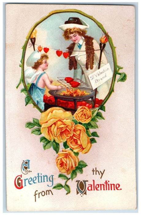 c1910's Valentine Greetings Angel Grilling Hearts Flowers Embossed Postcard