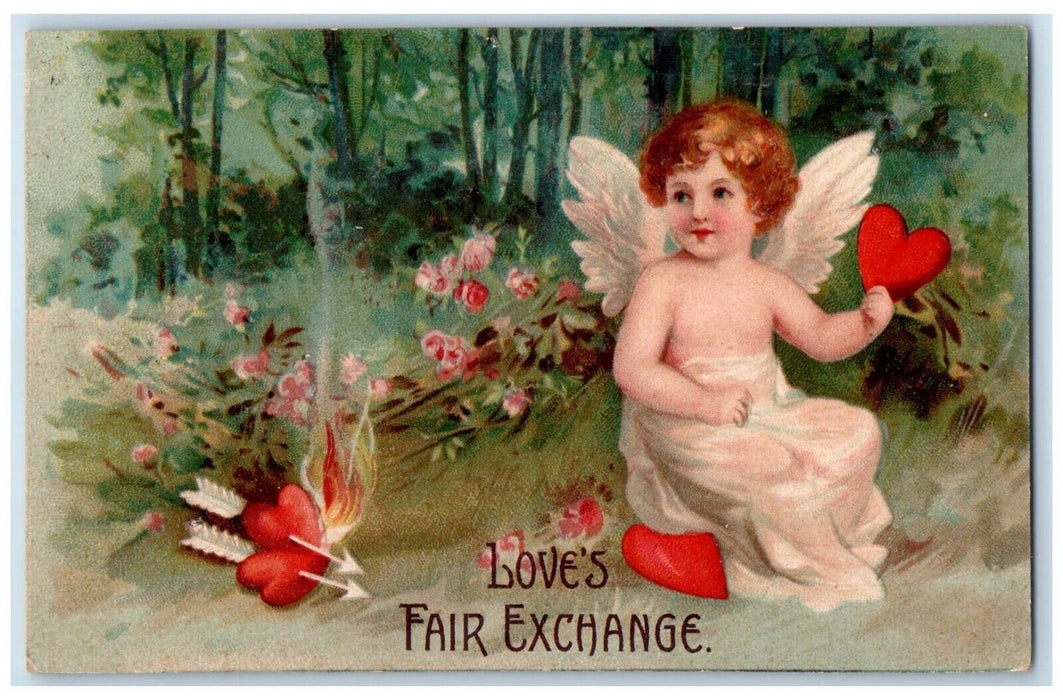 1908 Valentine Love Fair Exchange Hearts Embossed Wilmington DE Antique Postcard