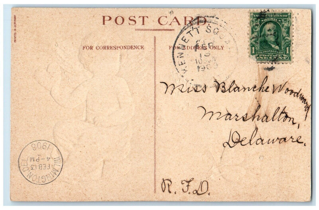 1908 Valentine Love Fair Exchange Hearts Embossed Wilmington DE Antique Postcard