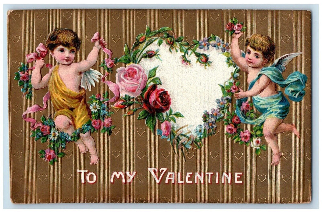 1909 Valentine Angels Hearts Flowers Embossed Warsaw Indiana IN Antique Postcard