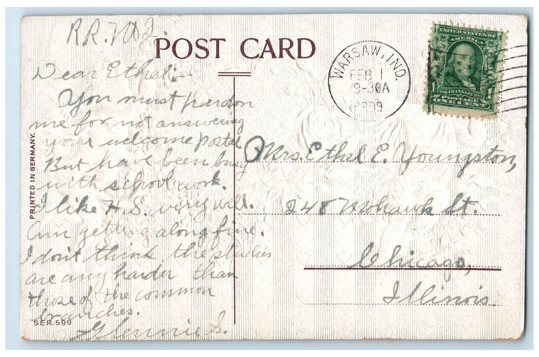 1909 Valentine Angels Hearts Flowers Embossed Warsaw Indiana IN Antique Postcard