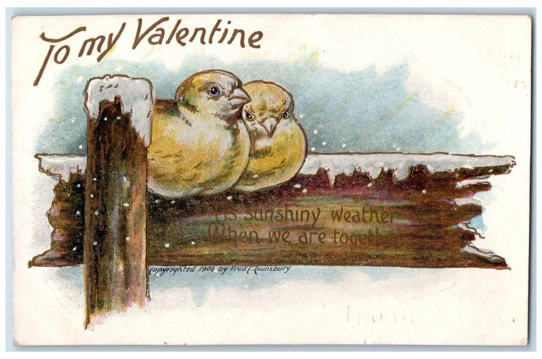 c1905 Valentine Chicks On Logs Snowfall Winter Embossed Posted Antique Postcard