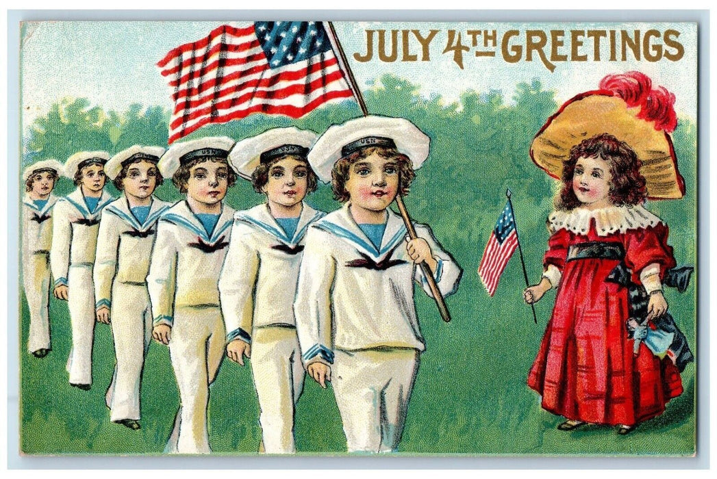 1909 Fourth Of July Greetings Sailor Parade Flag Girl Big Hat Doll Postcard