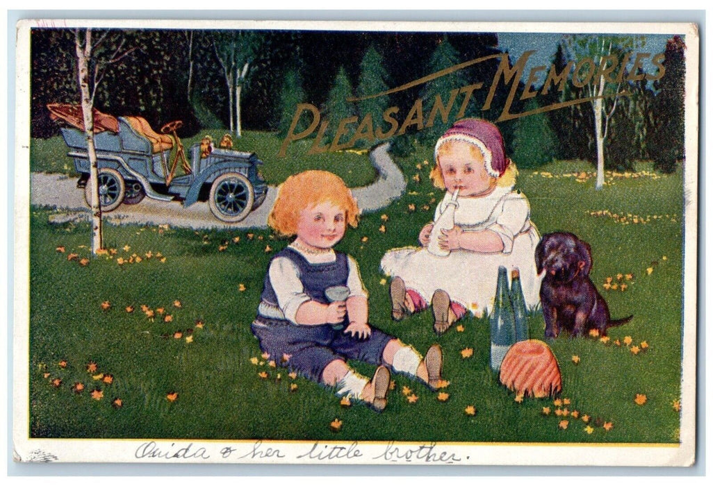 1909 Pleasant Memories Children Drinking Soda Dog Car Warsaw IN Antique Postcard
