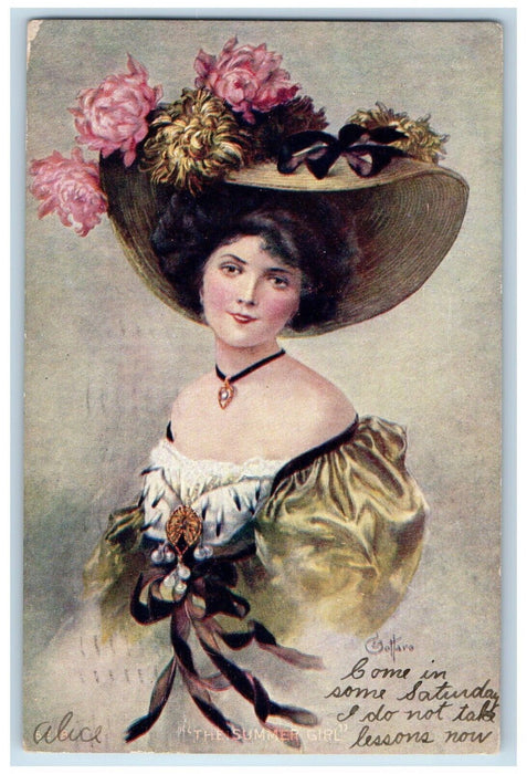 1906 The Summer Girl Big Hat Flowers Wilmington Delaware DE Antique Postcard