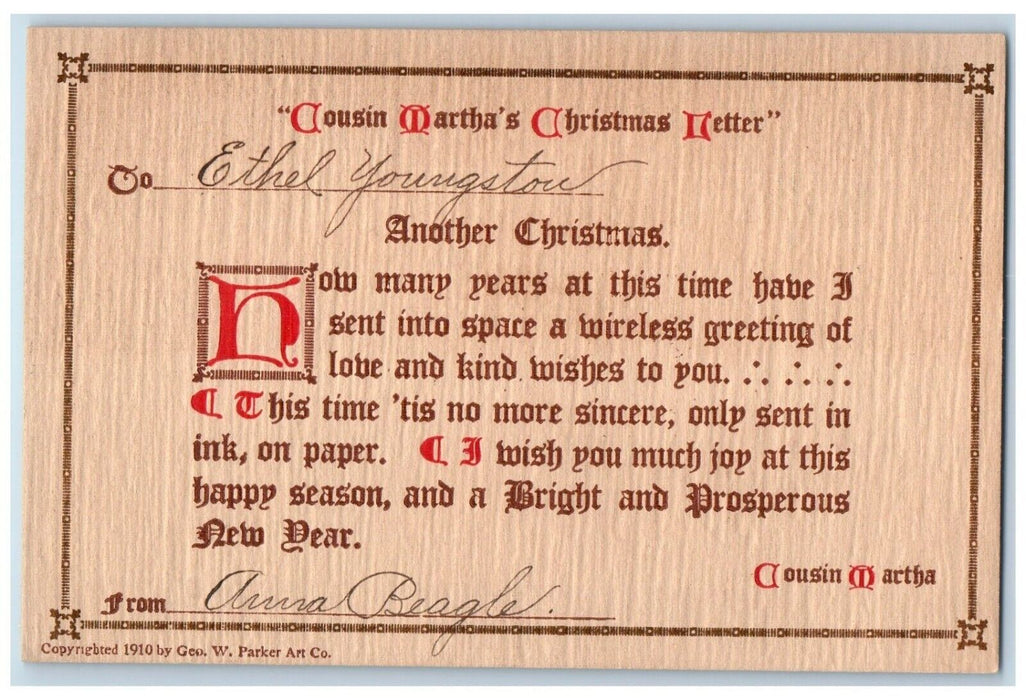 c1905 Cousins Martha's Christmas Letter Unposted Antique Postcard