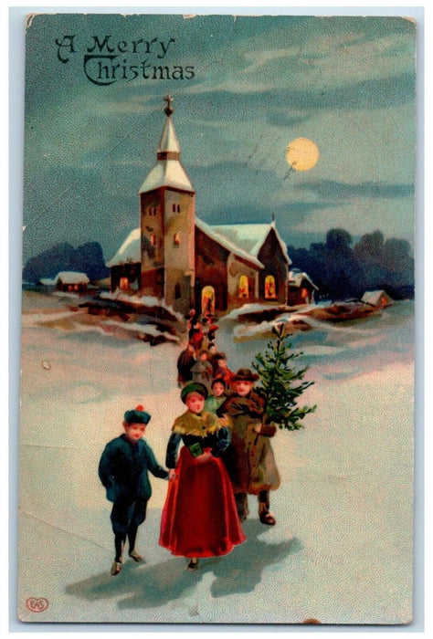 1917 Christmas Church Moon View Winter Norway Michigan MI Antique Postcard