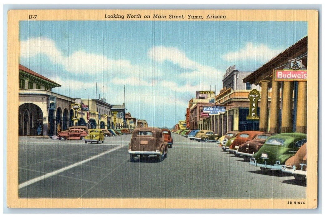 c1940 Looking North Main Street Classic Cars Buildings Yuma Arizona AZ Postcard