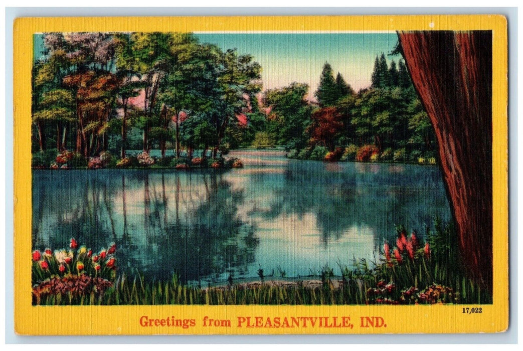 c1940 Greetings From Pleasantville Indiana IN Lake River Trees Vintage Postcard