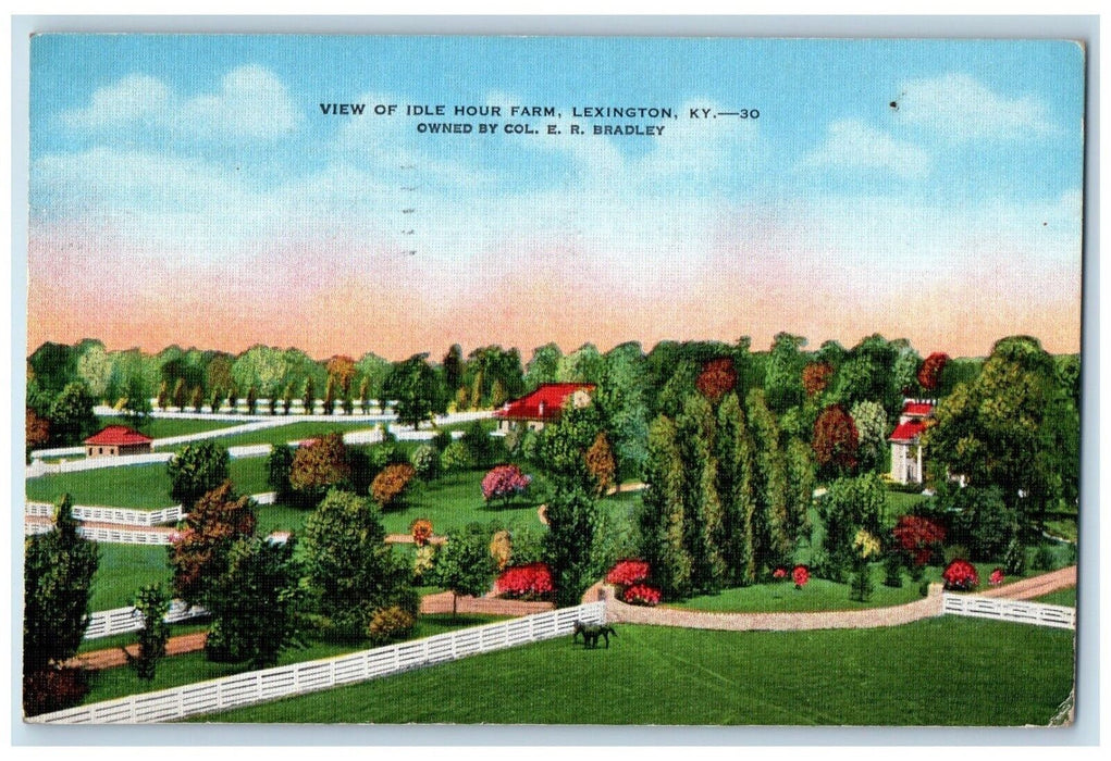 1937 View Idle Hour Farm Exterior Field Lexington Kentucky E.R. Bradley Postcard