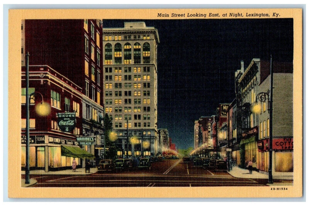 c1940 Main Street Looking East Night Classic Cars Lexington Kentucky KY Postcard