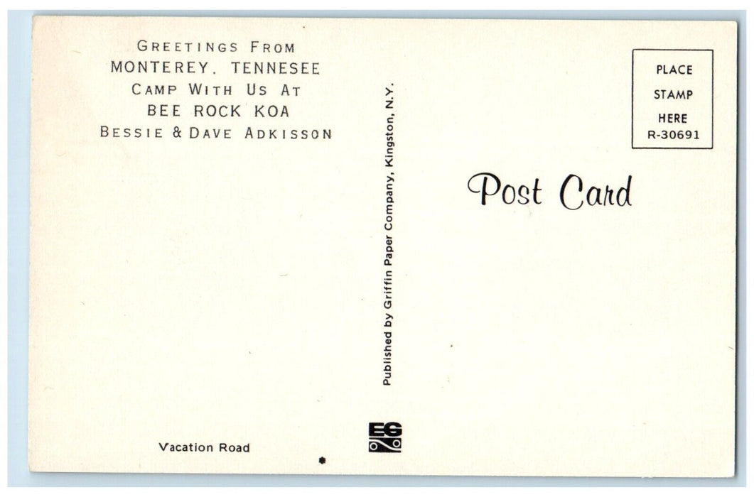 c1960 Greetings From Monterey Tennessee Camp Bee Rock Koa Bessie Dave Postcard