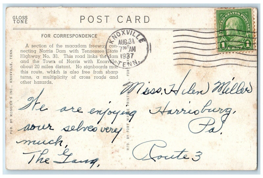 1937 View Freeway Cross Road Town Knoxville Norris Tennessee Gloss Tone Postcard