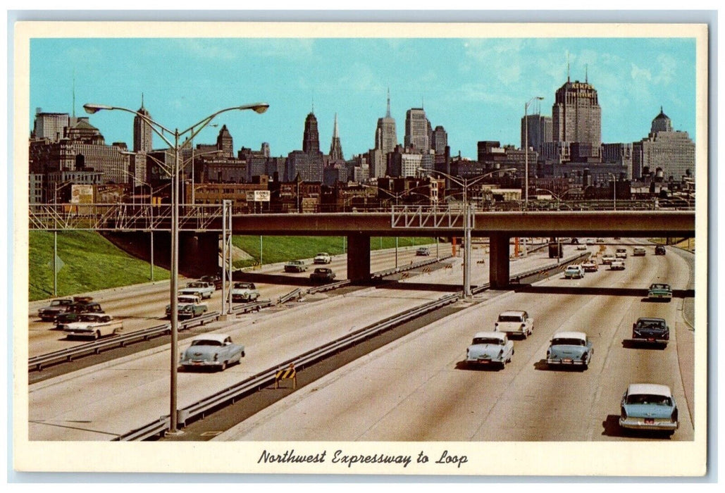 c1960 Aerial View Northwest Expressway Loop Chicago Skyline Illinois IL Postcard