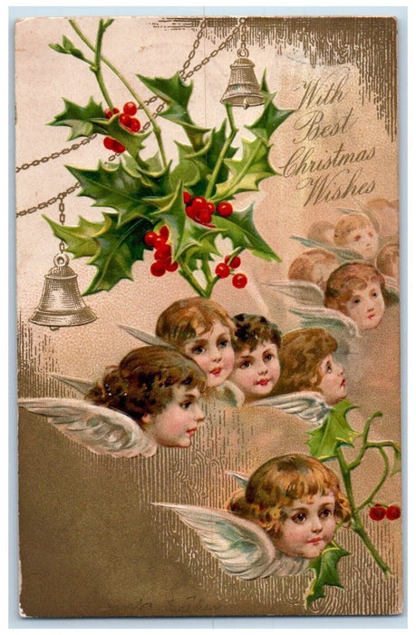 1906 Christmas Wishes Angels Head Holly Berries Ringing Bells Nash Postcard