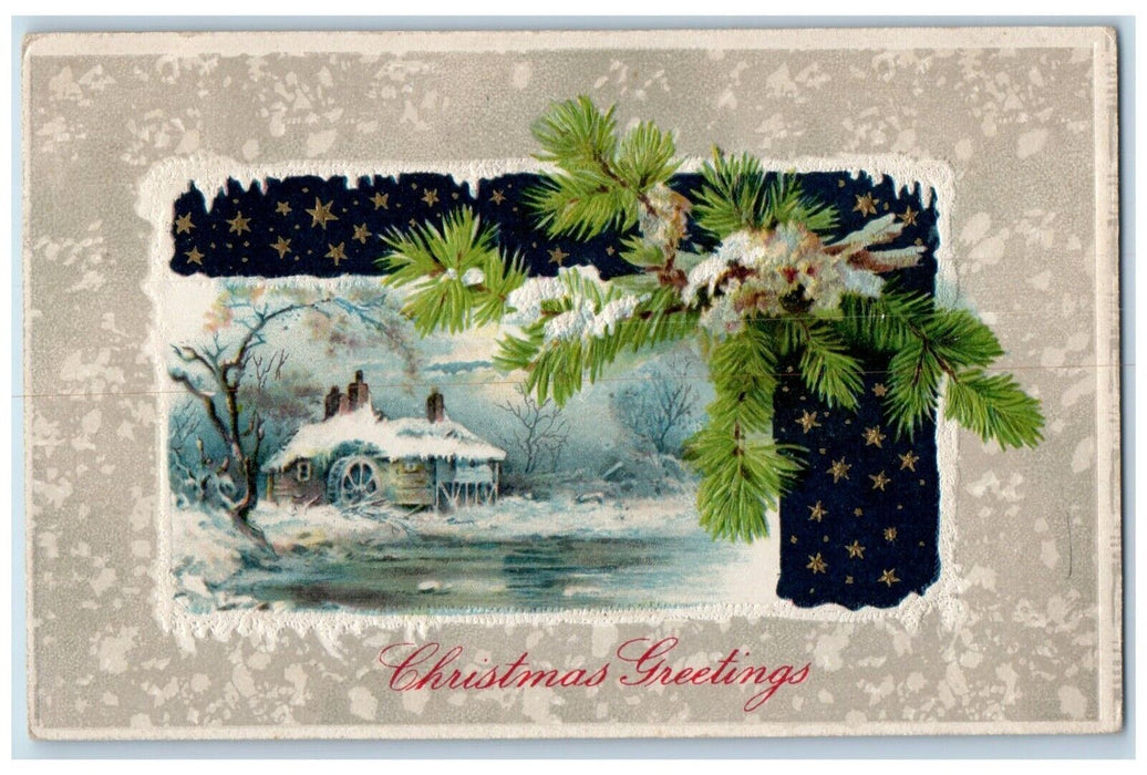 1909 Christmas Greetings Pine Leaf Mill Winter Embossed Winsch Back Postcard