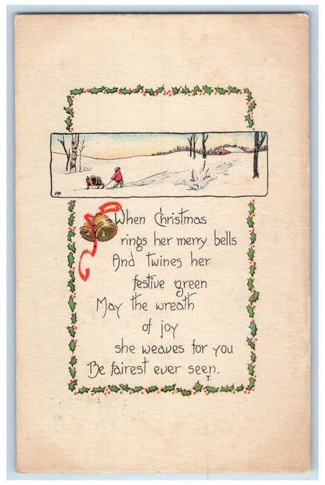 1916 Christmas Ringing Bells Boy Pulling Cart Winter Holly Berries Postcard