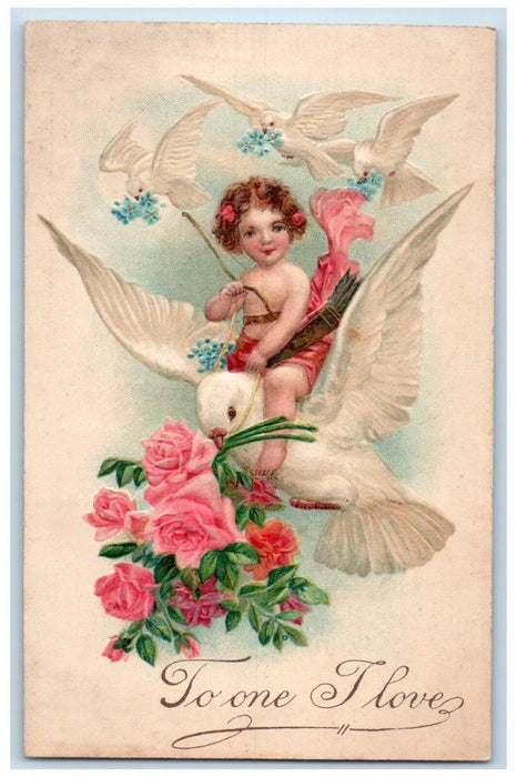 c1905 Valentine Cupid Angel Dove Pansies Roses Flowers Embossed Antique Postcard