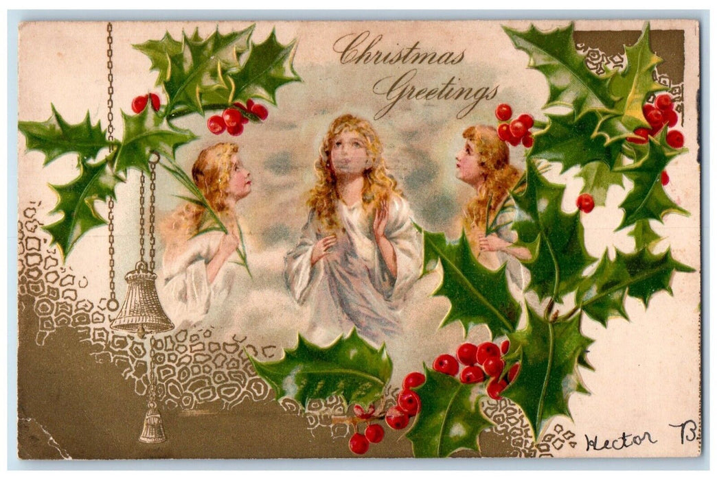 1906 Christmas Greetings Angels Holly Berries Embossed Nash Antique Postcard