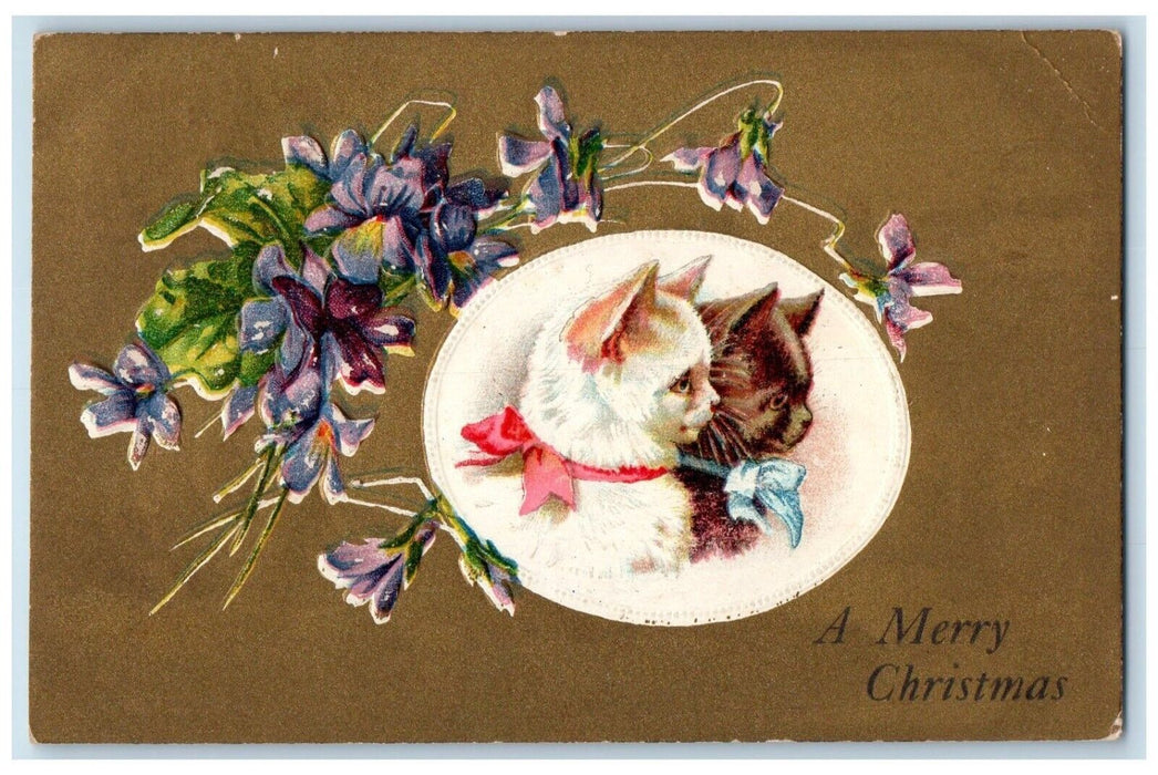 c1910's Merry Christmas Cats Flowers Embossed Marshallton DE Antique Postcard