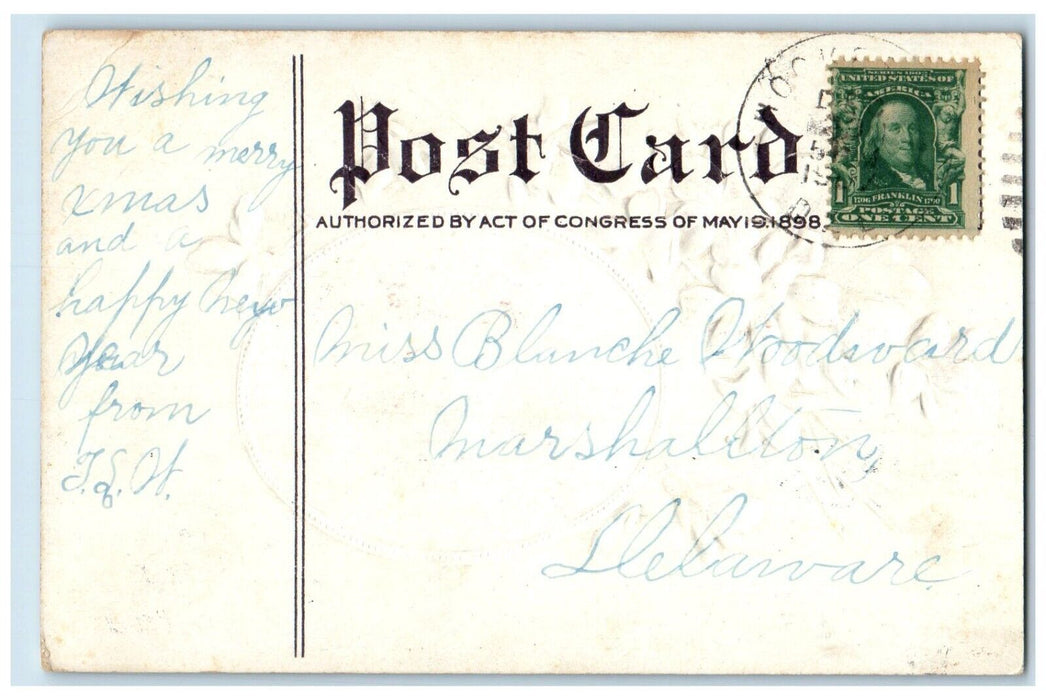 c1910's Merry Christmas Cats Flowers Embossed Marshallton DE Antique Postcard