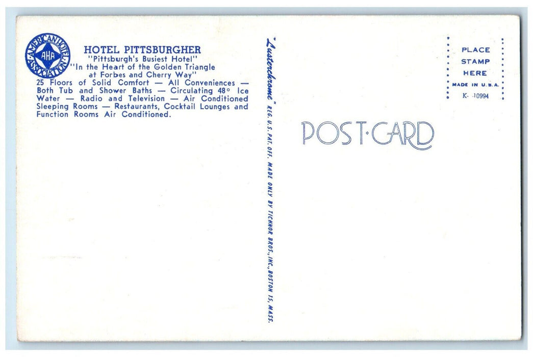 c1960 Hotel Pittsburgher Busiest Hotel Golden Triangle Forbes Cherry PA Postcard