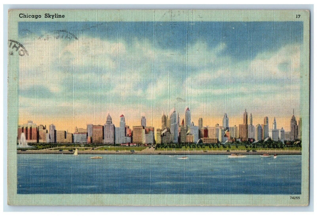 1945 Chicago Skyline Front Yard Stevens Hotel Tribune Tower Illinois IL Postcard