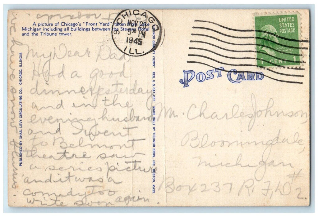 1945 Chicago Skyline Front Yard Stevens Hotel Tribune Tower Illinois IL Postcard