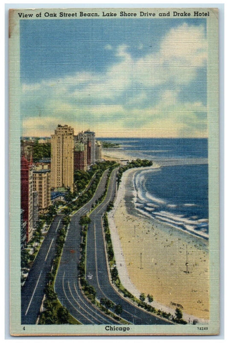 1945 Oak Street Beach Lake Shore Drive Drake Hotel Chicago Illinois IL Postcard