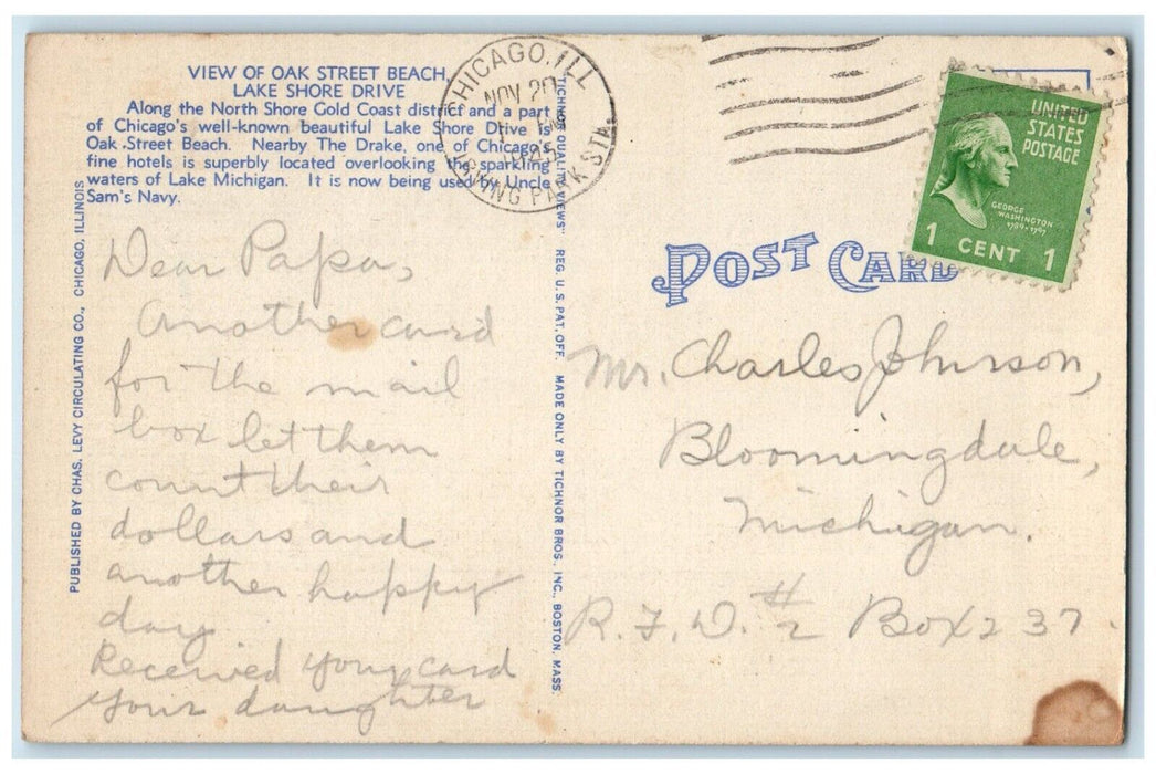 1945 Oak Street Beach Lake Shore Drive Drake Hotel Chicago Illinois IL Postcard