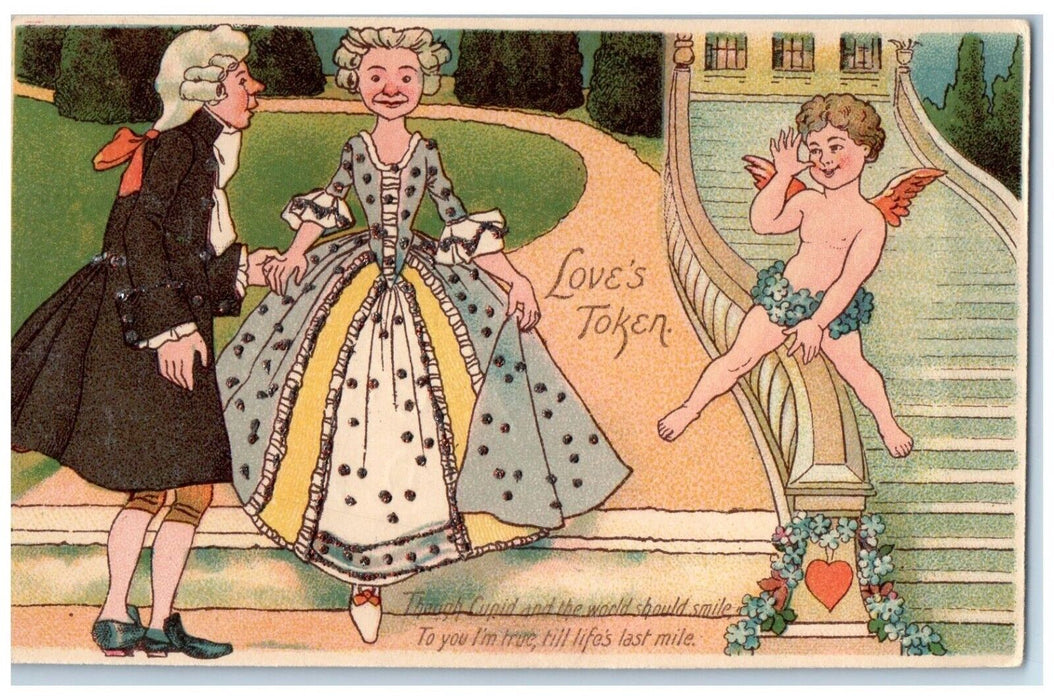 c1910's Valentine Sweet Couple Cupid Angel Flowers Lebanon PA Antique Postcard