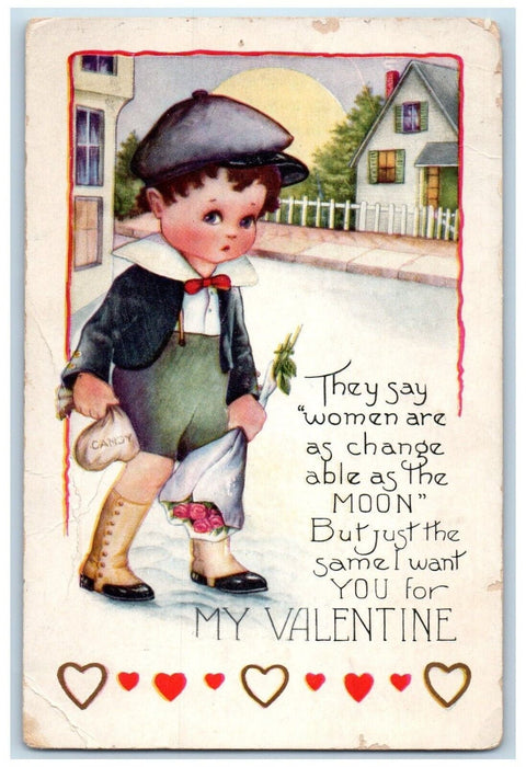 c1910's Valentine Little Boy Holding Candy And Flowers Sterling IL Postcard