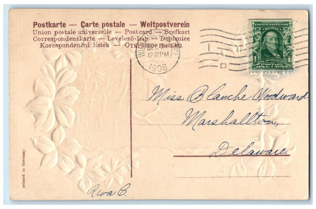 c1910's Merry Christmas House Winter Flowers Embossed Wilmington DE Postcard